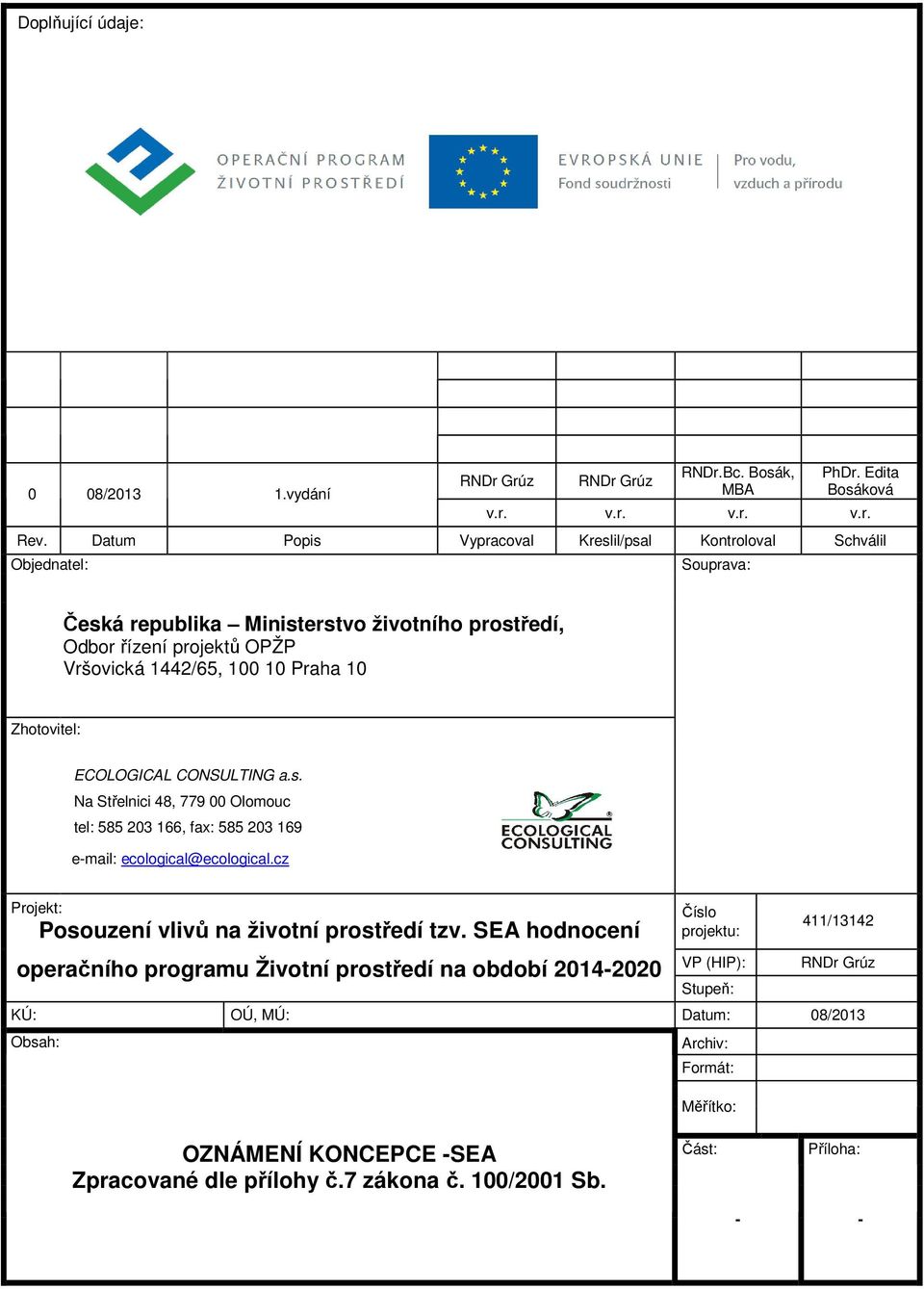 Zhotovitel: ECOLOGICAL CONSULTING a.s. Na Střelnici 48, 779 00 Olomouc tel: 585 203 166, fax: 585 203 169 e-mail: ecological@ecological.cz Projekt: Posouzení vlivů na životní prostředí tzv.