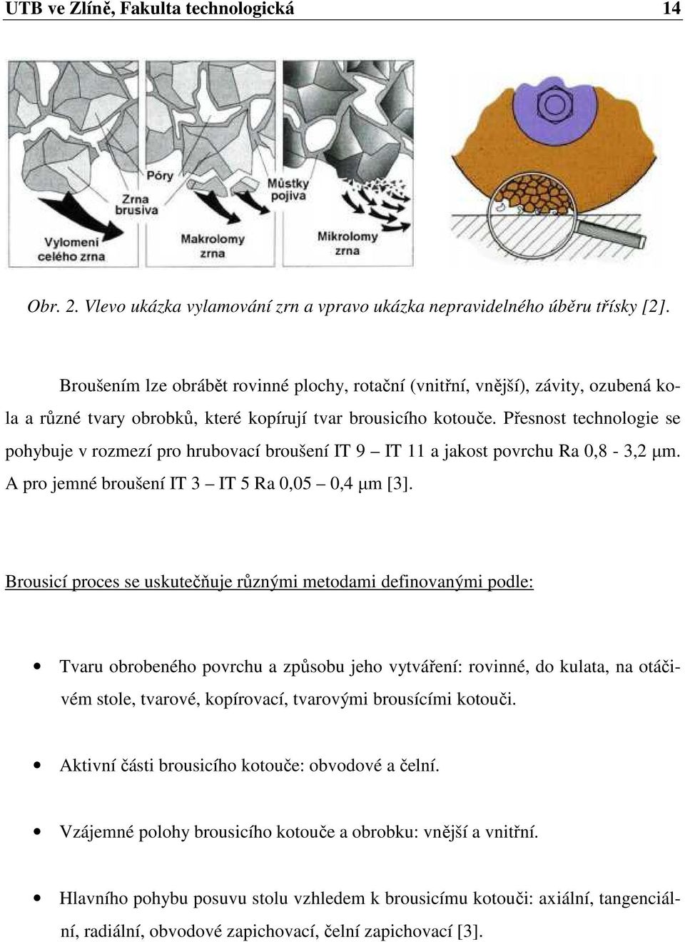 Přesnost technologie se pohybuje v rozmezí pro hrubovací broušení IT 9 IT 11 a jakost povrchu Ra 0,8-3,2 µm. A pro jemné broušení IT 3 IT 5 Ra 0,05 0,4 µm [3].