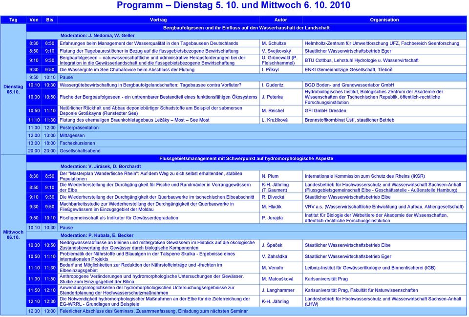 Schultze Helmholtz-Zentrum für Umweltforschung UFZ, Fachbereich Seenforschung 8:50 9:10 Flutung der Tagebaurestlöcher in Bezug auf die flussgebietsbezogene Bewirtschaftung V.