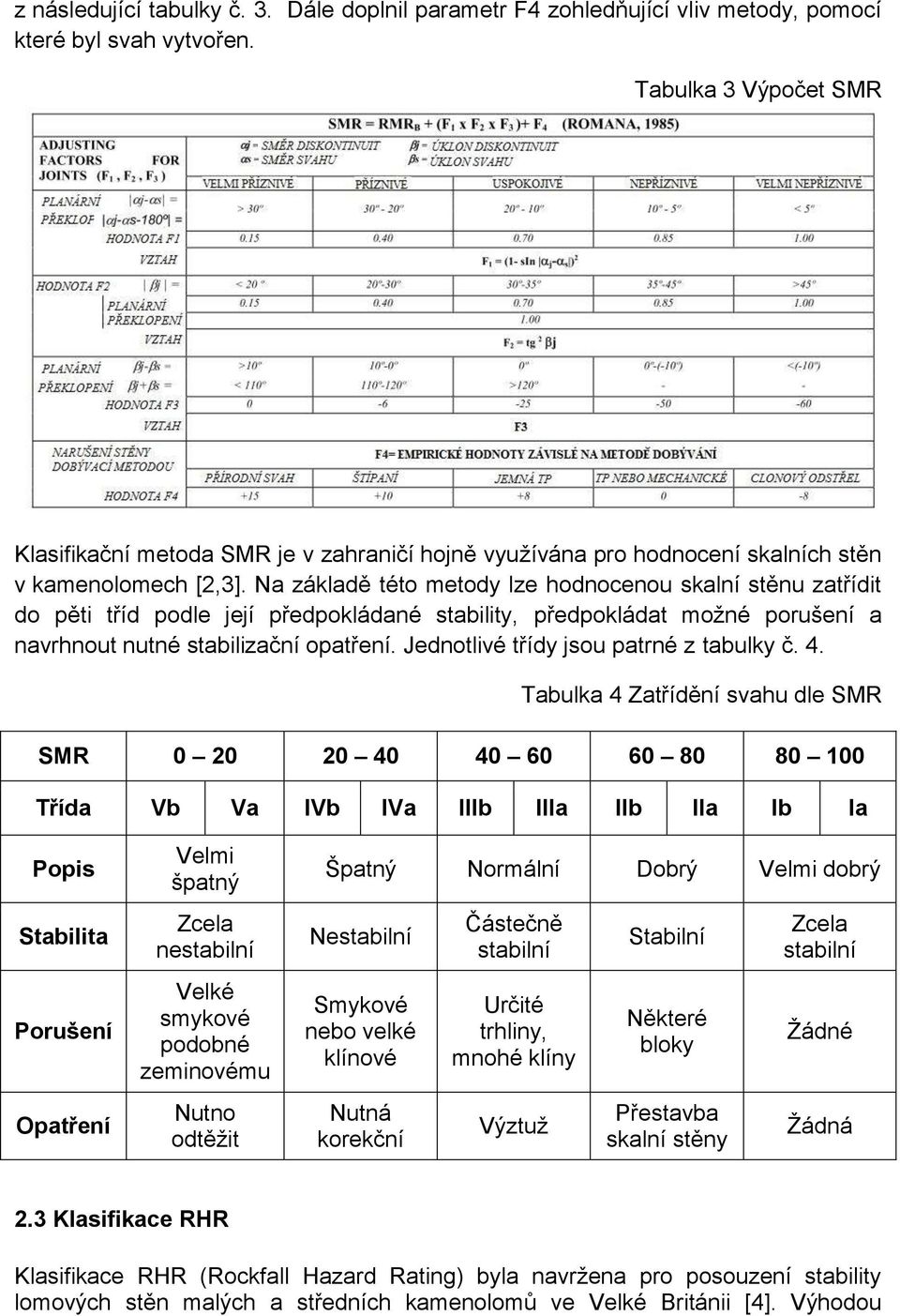 Na základě této metody lze hodnocenou skalní stěnu zatřídit do pěti tříd podle její předpokládané stability, předpokládat možné porušení a navrhnout nutné stabilizační opatření.