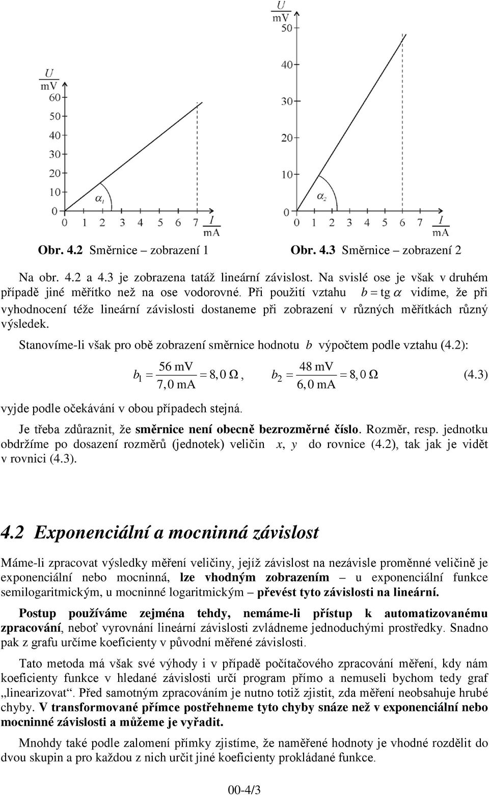 Stanovíme-li však pro obě zobrazení směrnice hodnotu b výpočtem podle vztahu (4.2): vyjde podle očekávání v obou případech stejná. 56 mv 48 mv b1 = = 8,0 Ω, b2 = = 8,0 Ω (4.