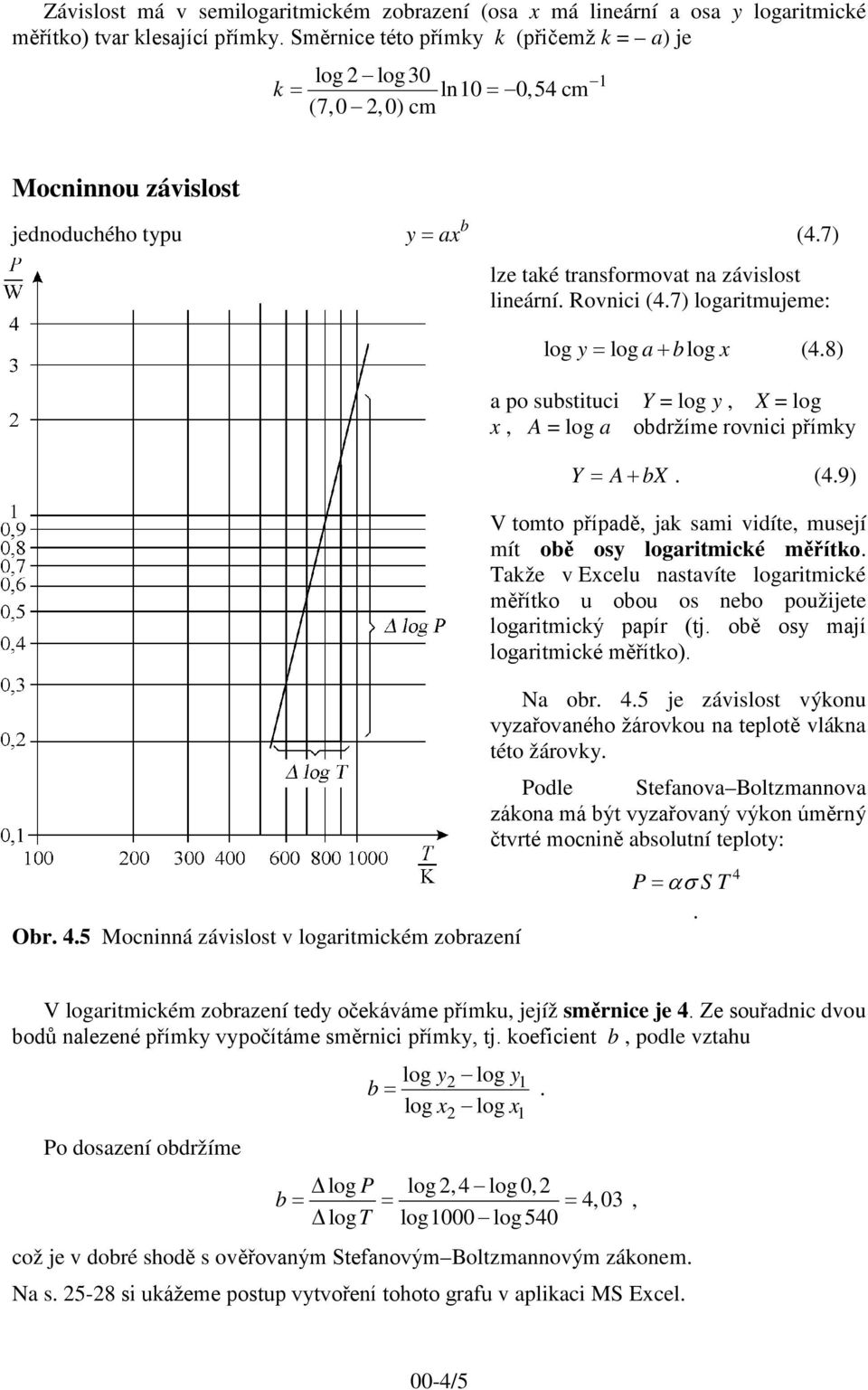 7) logaritmujeme: log y = log a+ blog x (4.8) a po substituci Y = log y, X = log x, A = log a obdržíme rovnici přímky Y = A + bx. (4.9) V tomto případě, jak sami vidíte, musejí mít obě osy logaritmické měřítko.