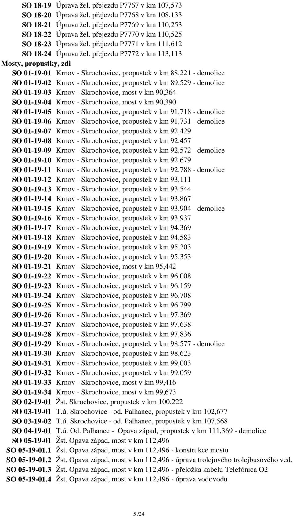 přejezdu P7772 v km 113,113 Mosty, propustky, zdi SO 01-19-01 Krnov - Skrochovice, propustek v km 88,221 - demolice SO 01-19-02 Krnov - Skrochovice, propustek v km 89,529 - demolice SO 01-19-03 Krnov