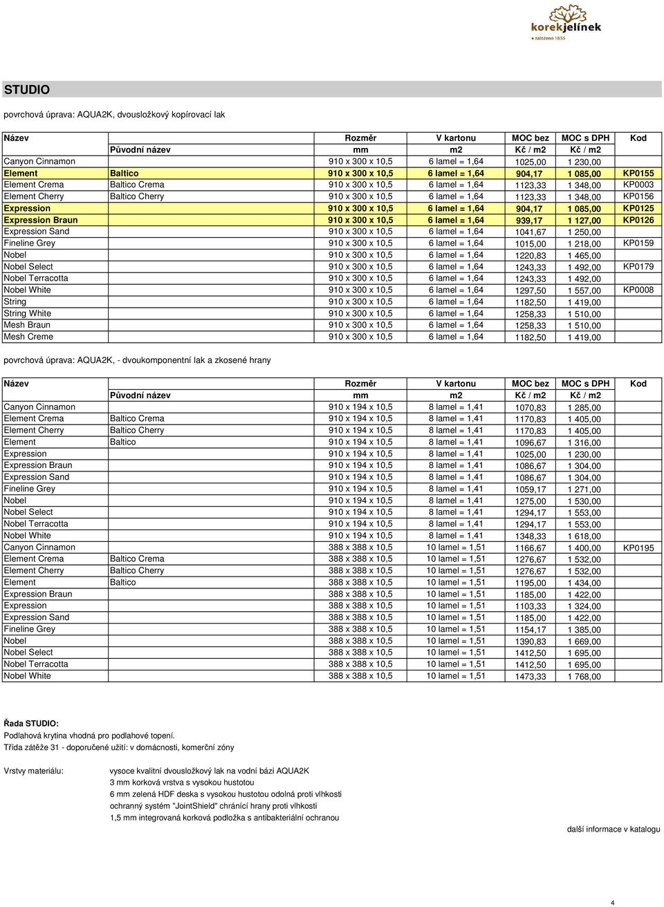 lamel = 1,64 904,17 1 085,00 KP0125 Expression Braun 910 x 300 x 10,5 6 lamel = 1,64 939,17 1 127,00 KP0126 Expression Sand 910 x 300 x 10,5 6 lamel = 1,64 1041,67 1 250,00 Fineline Grey 910 x 300 x