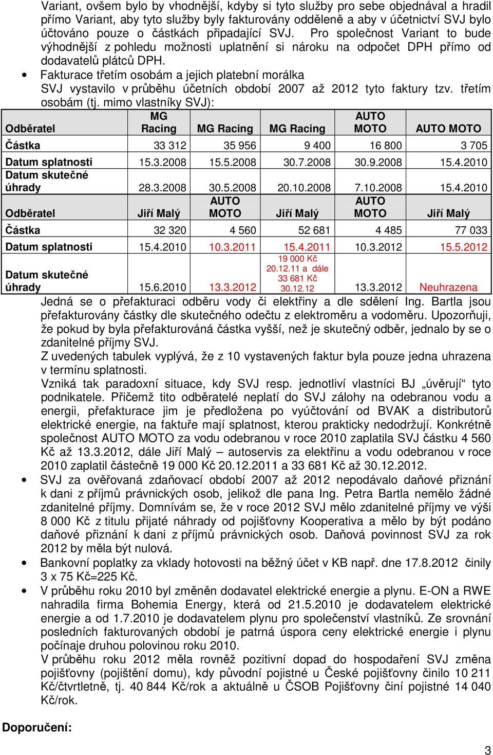 Fakturace třetím osobám a jejich platební morálka SVJ vystavilo v průběhu účetních období 2007 až 2012 tyto faktury tzv. třetím osobám (tj.