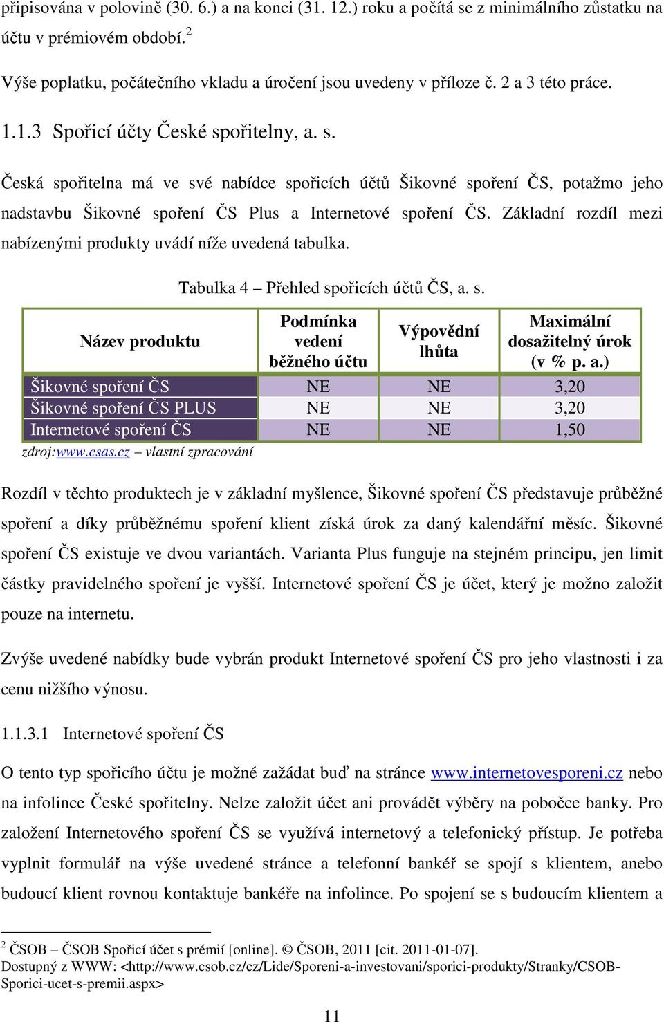 Základní rozdíl mezi nabízenými produkty uvádí níže uvedená tabulka. Název produktu Tabulka 4 Přehled spořicích účtů ČS, a. s. Podmínka vedení běžného účtu Výpovědní lhůta Maximální dosažitelný úrok (v % p.