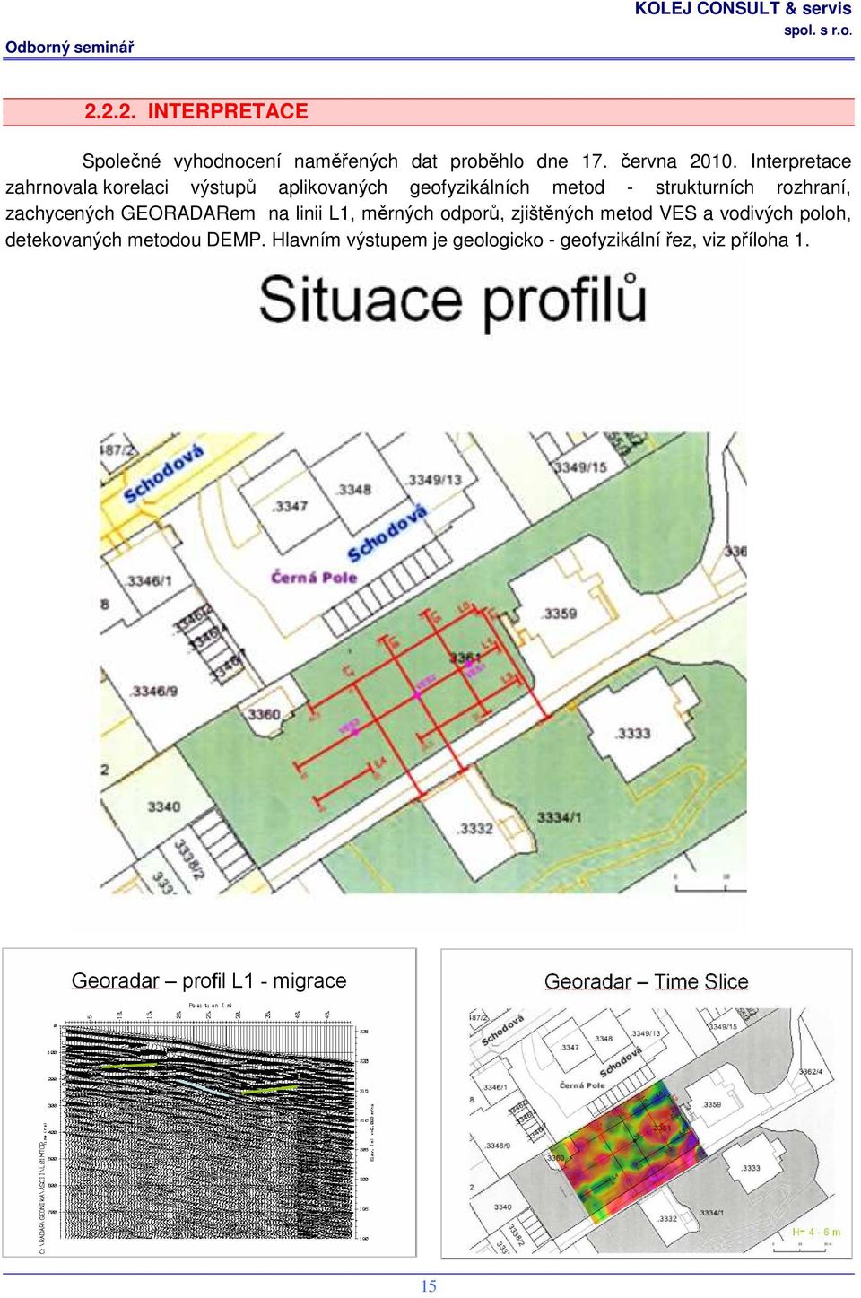 rozhraní, zachycených GEORADARem na linii L1, měrných odporů, zjištěných metod VES a