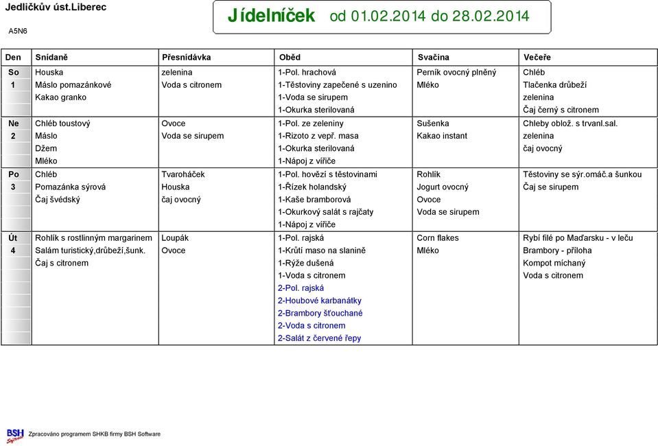 citronem Ne Chléb toustový Ovoce 1-Pol. ze zeleniny Sušenka Chleby oblož. s trvanl.sal. 2 Máslo Voda se sirupem 1-Rizoto z vepř.