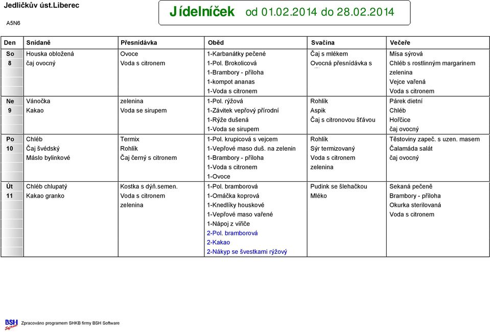 rýžová Rohlík Párek dietní 9 Kakao Voda se sirupem 1-Závitek vepřový přírodní Aspik Chléb 1-Rýže dušená Čaj s citronovou šťávou Hořčice 1-Voda se sirupem Po Chléb Termix 1-Pol.