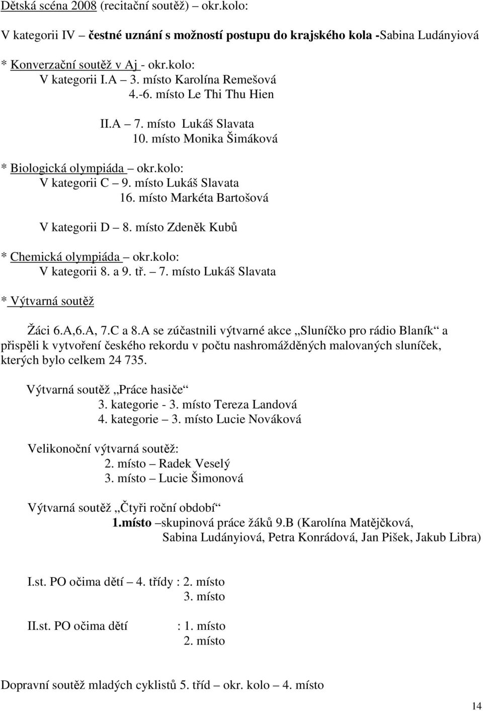 místo Markéta Bartošová V kategorii D 8. místo Zdeněk Kubů * Chemická olympiáda okr.kolo: V kategorii 8. a 9. tř. 7. místo Lukáš Slavata * Výtvarná soutěž Žáci 6.A,6.A, 7.C a 8.