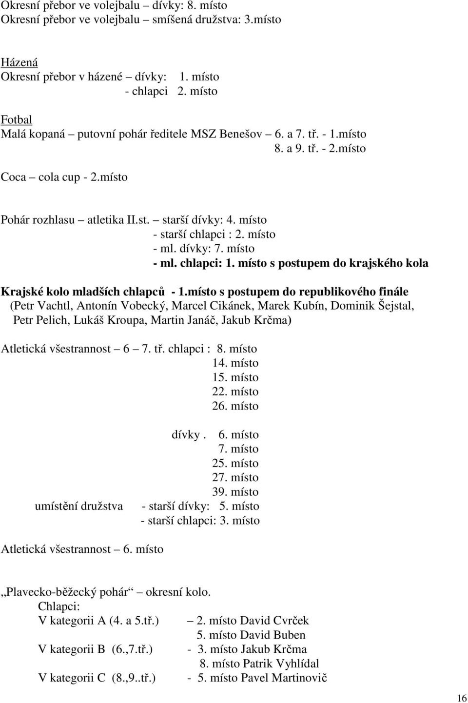 místo - starší chlapci : 2. místo - ml. dívky: 7. místo - ml. chlapci: 1. místo s postupem do krajského kola Krajské kolo mladších chlapců - 1.