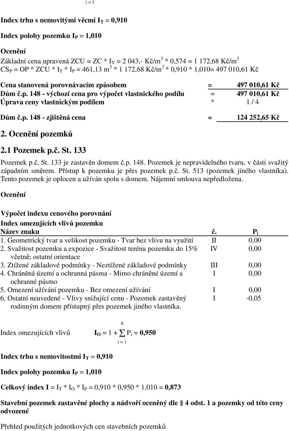 p. 148 - zjištěná cena = 124 252,65 Kč 2. Ocenění pozemků 2.1 Pozemek p.č. St. 133 Pozemek p.č. St. 133 je zastavěn domem č.p. 148. Pozemek je nepravidelného tvaru, v části svažitý západním směrem.