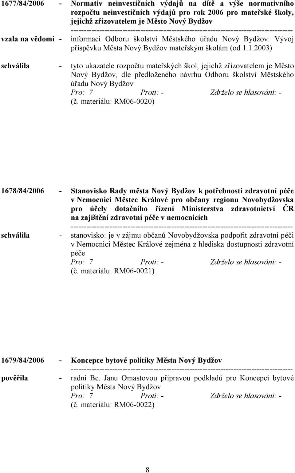 1.2003) schválila - tyto ukazatele rozpočtu mateřských škol, jejichž zřizovatelem je Město Nový Bydžov, dle předloženého návrhu Odboru školství Městského úřadu Nový Bydžov (č.