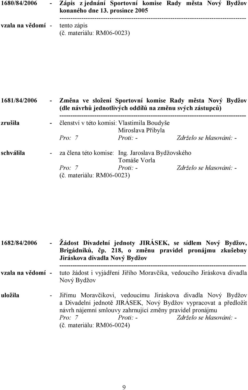 Boudyše Miroslava Přibyla schválila - za člena této komise: Ing. Jaroslava Bydžovského Tomáše Vorla (č.