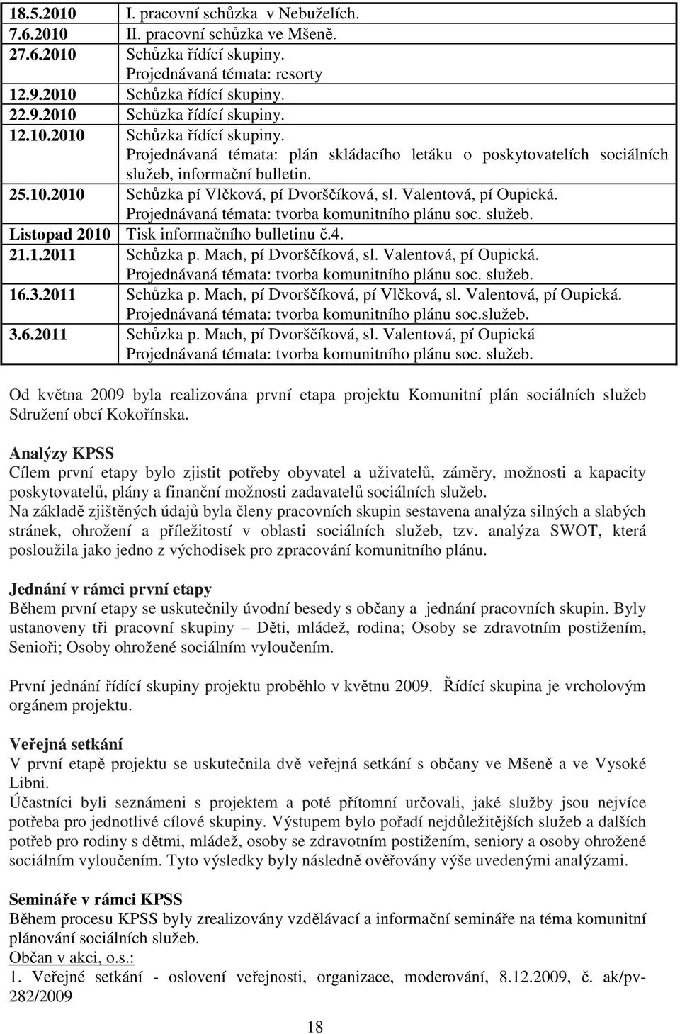 25.10.2010 Schůzka pí Vlčková, pí Dvorščíková, sl. Valentová, pí Oupická. Projednávaná témata: tvorba komunitního plánu soc. služeb. Listopad 2010 Tisk informačního bulletinu č.4. 21.1.2011 Schůzka p.