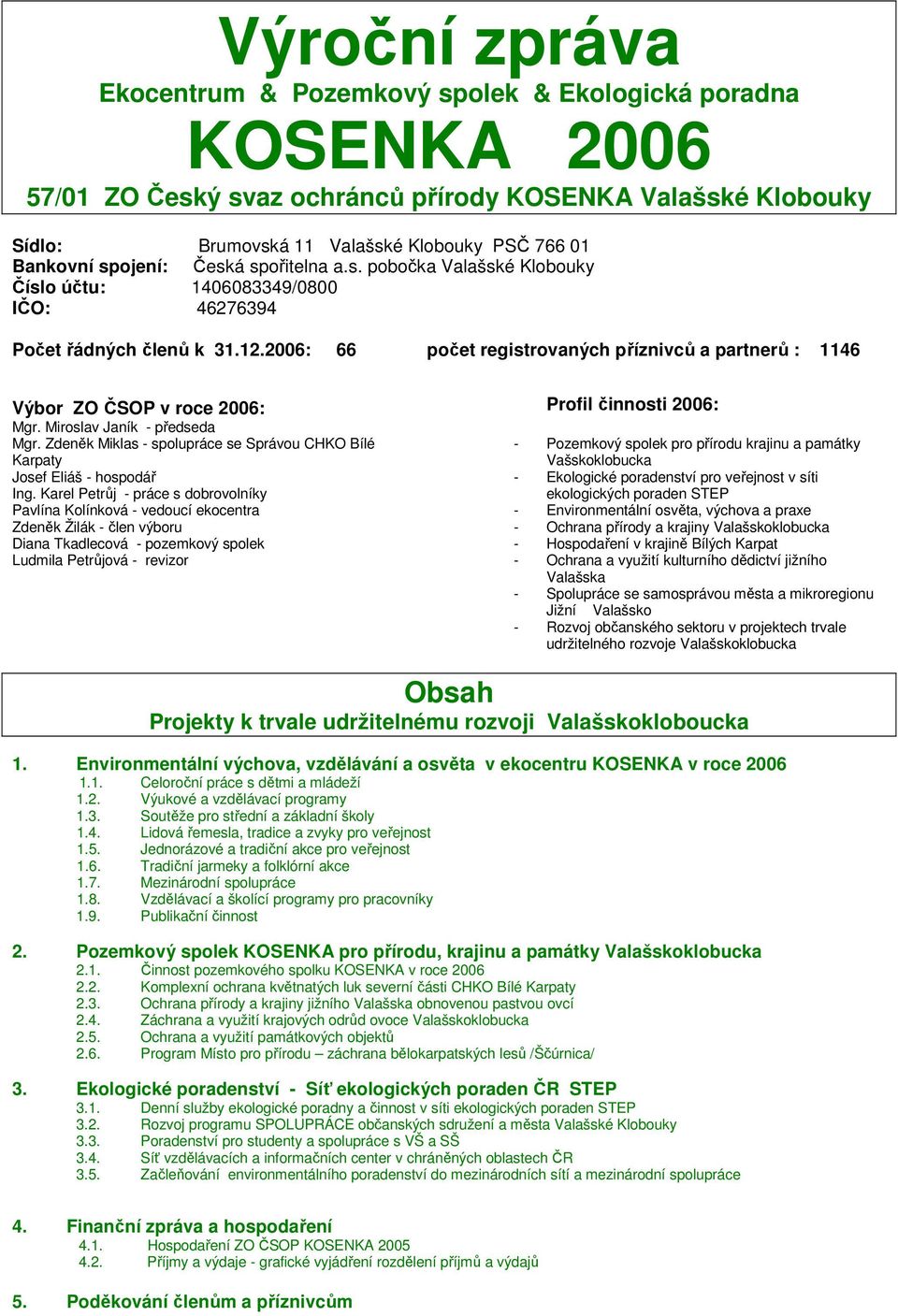 : 66 počet registrovaných příznivců a partnerů : 1146 Výbor ZO ČSOP v roce : Mgr. Miroslav Janík - předseda Mgr. Zdeněk Miklas - spolupráce se Správou CHKO Bílé Karpaty Josef Eliáš - hospodář Ing.