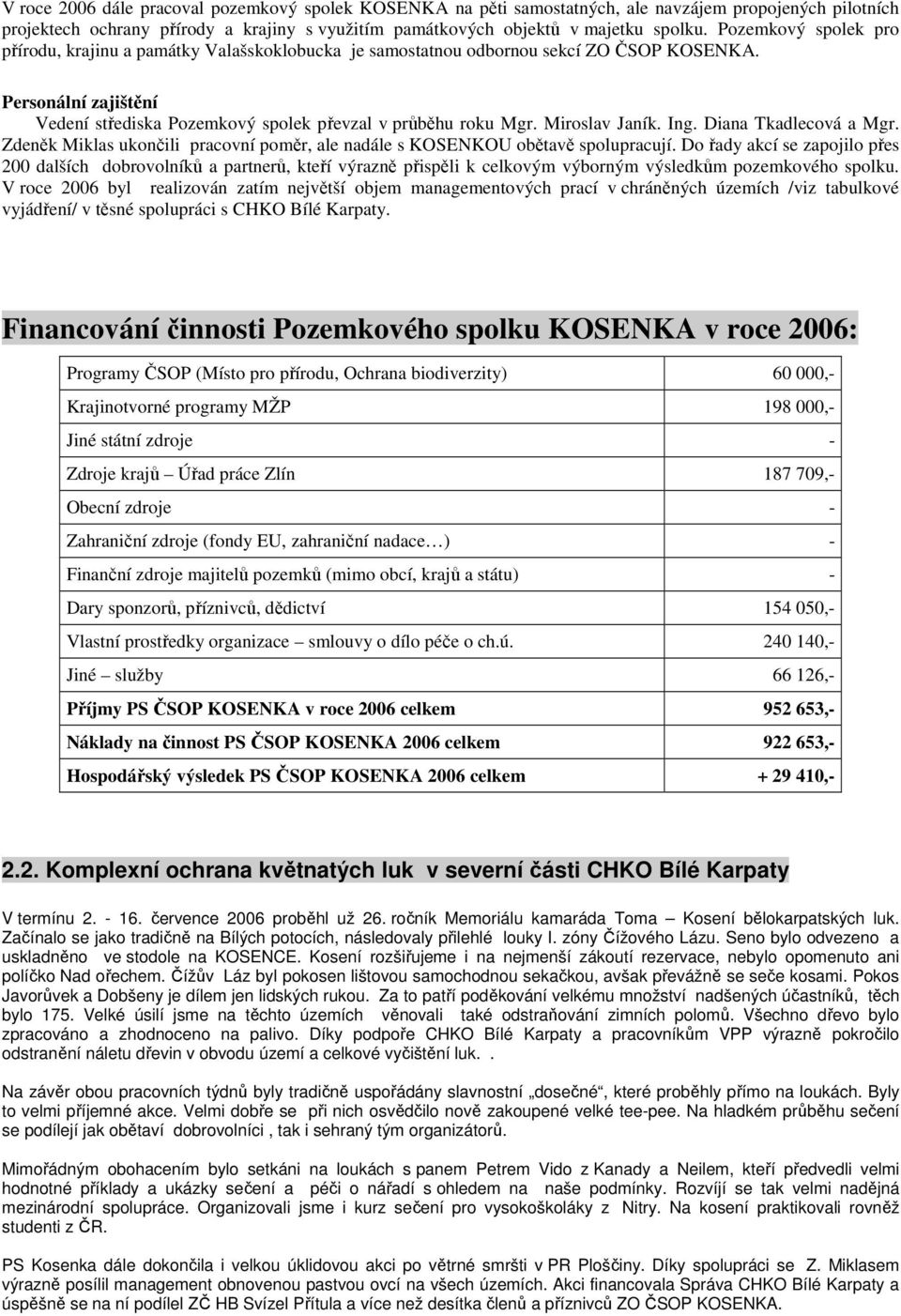 Miroslav Janík. Ing. Diana Tkadlecová a Mgr. Zdeněk Miklas ukončili pracovní poměr, ale nadále s KOSENKOU obětavě spolupracují.