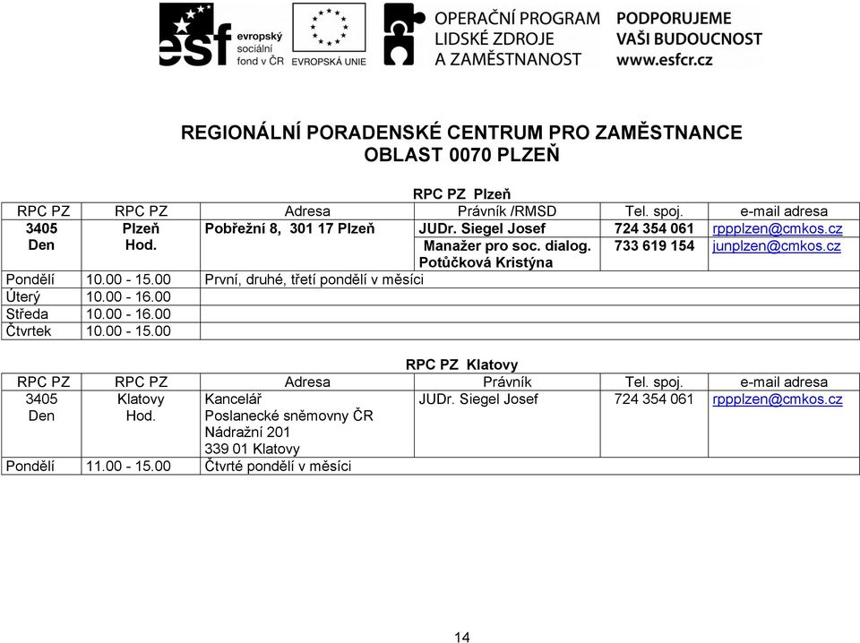 cz Potůčková Kristýna Pondělí 10.00-15.00 První, druhé, třetí pondělí v měsíci Úterý 10.00-16.00 Středa 10.00-16.00 Čtvrtek 10.00-15.00 RPC PZ Klatovy RPC PZ RPC PZ Adresa Právník Tel.