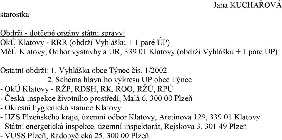 Schéma hlavního výkresu ÚP obce Týnec - OkÚ Klatovy - RŽP, RDSH, RK, ROO, RŽÚ, RPÚ - Česká inspekce životního prostředí, Malá 6, 300 00 Plzeň - Okresní