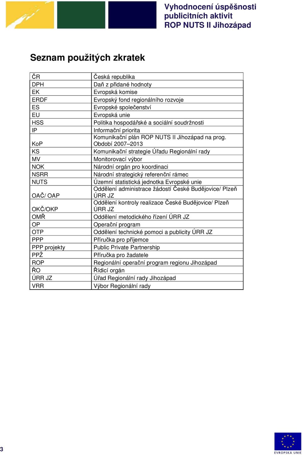 Období 2007 2013 Komunikační strategie Úřadu Regionální rady Monitorovací výbor Národní orgán pro koordinaci Národní strategický referenční rámec Územní statistická jednotka Evropské unie Oddělení