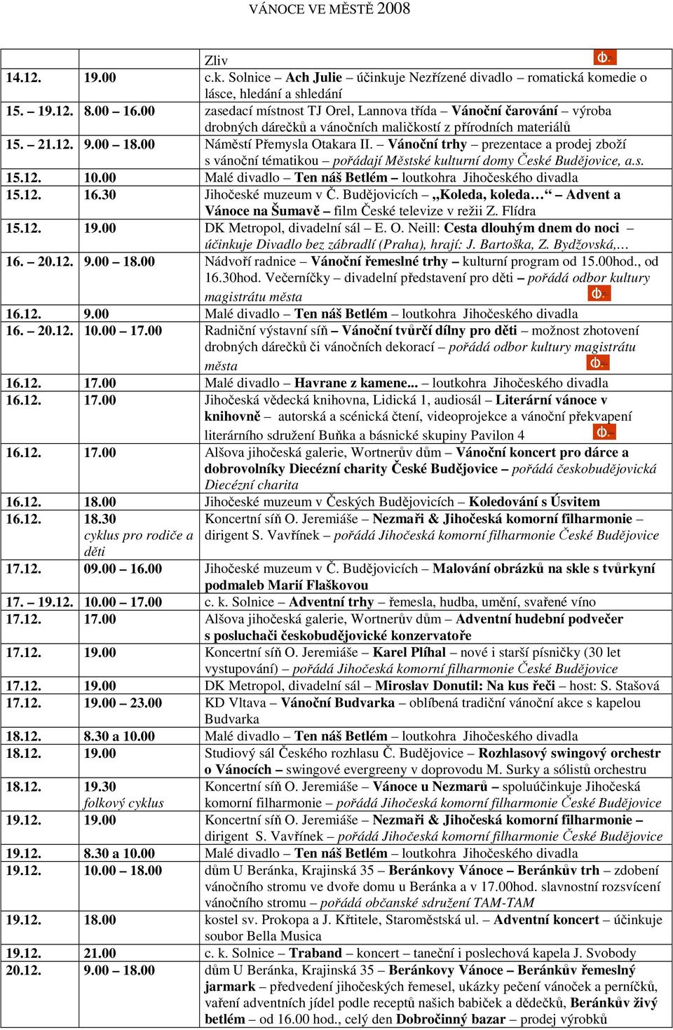 Vánoční trhy prezentace a prodej zboží s vánoční tématikou pořádají Městské kulturní domy České Budějovice, a.s. 15.12. 10.00 Malé divadlo Ten náš Betlém loutkohra Jihočeského divadla 15.12. 16.