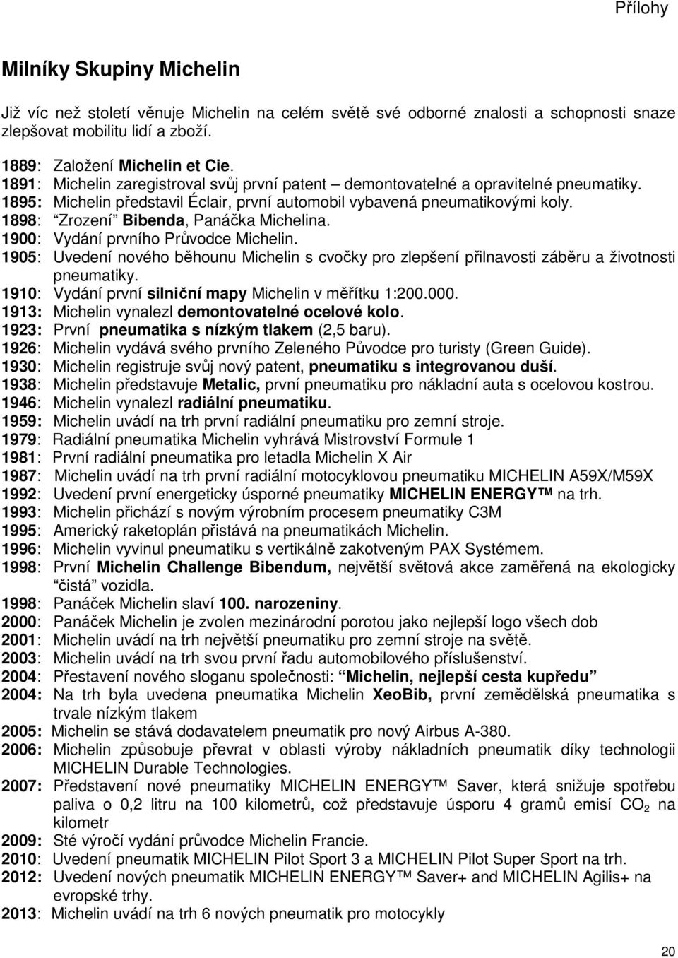 1898: Zrození Bibenda, Panáčka Michelina. 1900: Vydání prvního Průvodce Michelin. 1905: Uvedení nového běhounu Michelin s cvočky pro zlepšení přilnavosti záběru a životnosti pneumatiky.