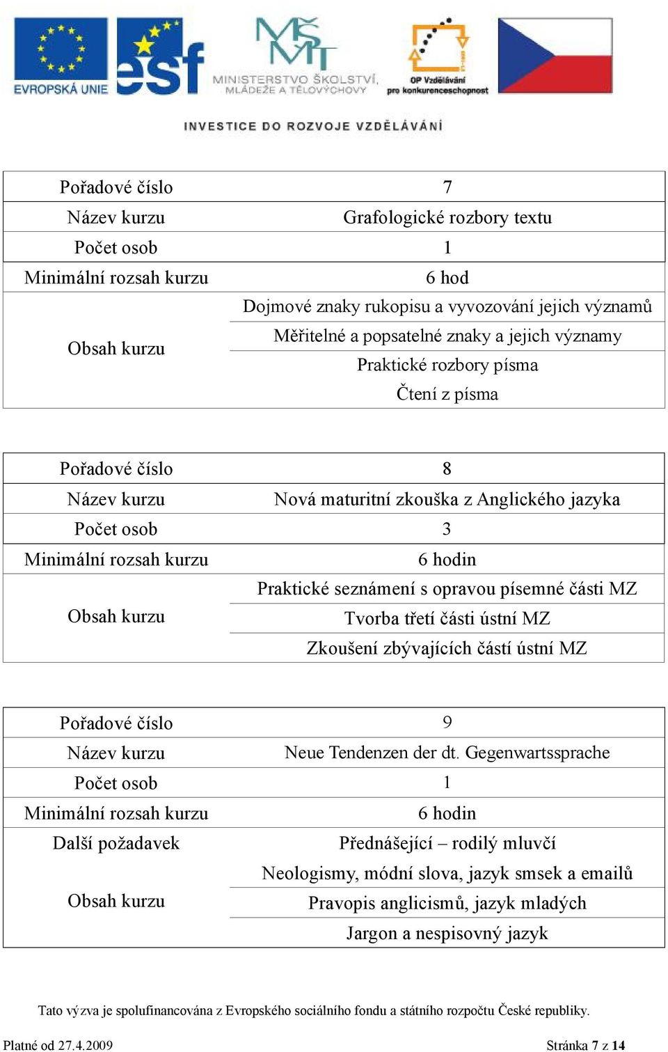 Tvorba třetí části ústní MZ Zkoušení zbývajících částí ústní MZ Pořadové číslo 9 Neue Tendenzen der dt.