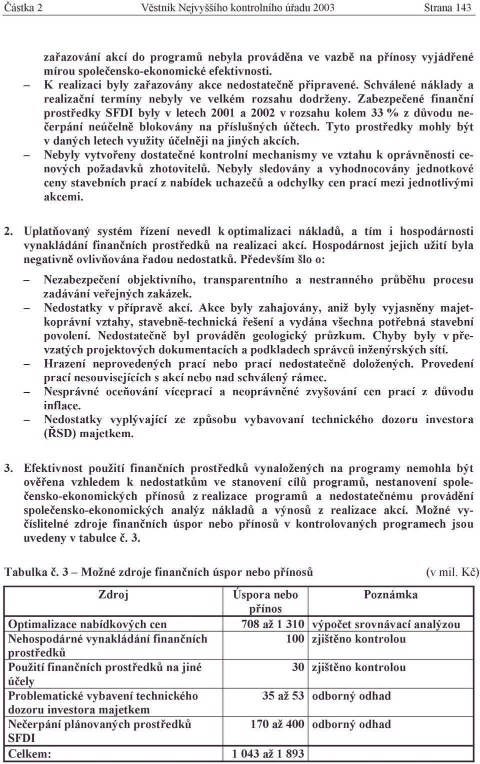 Zabezpečené finanční prostředky SFDI byly v letech 2001 a 2002 v rozsahu kolem 33 % z důvodu nečerpání neúčelně blokovány na příslušných účtech.