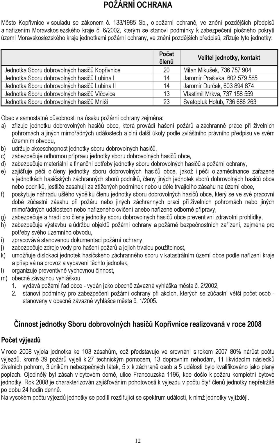 jednotky, kontakt Jednotka Sboru dobrovolných hasičů Kopřivnice 20 Milan Mikušek, 736 757 904 Jednotka Sboru dobrovolných hasičů Lubina I 14 Jaromír Prašivka, 602 579 585 Jednotka Sboru dobrovolných