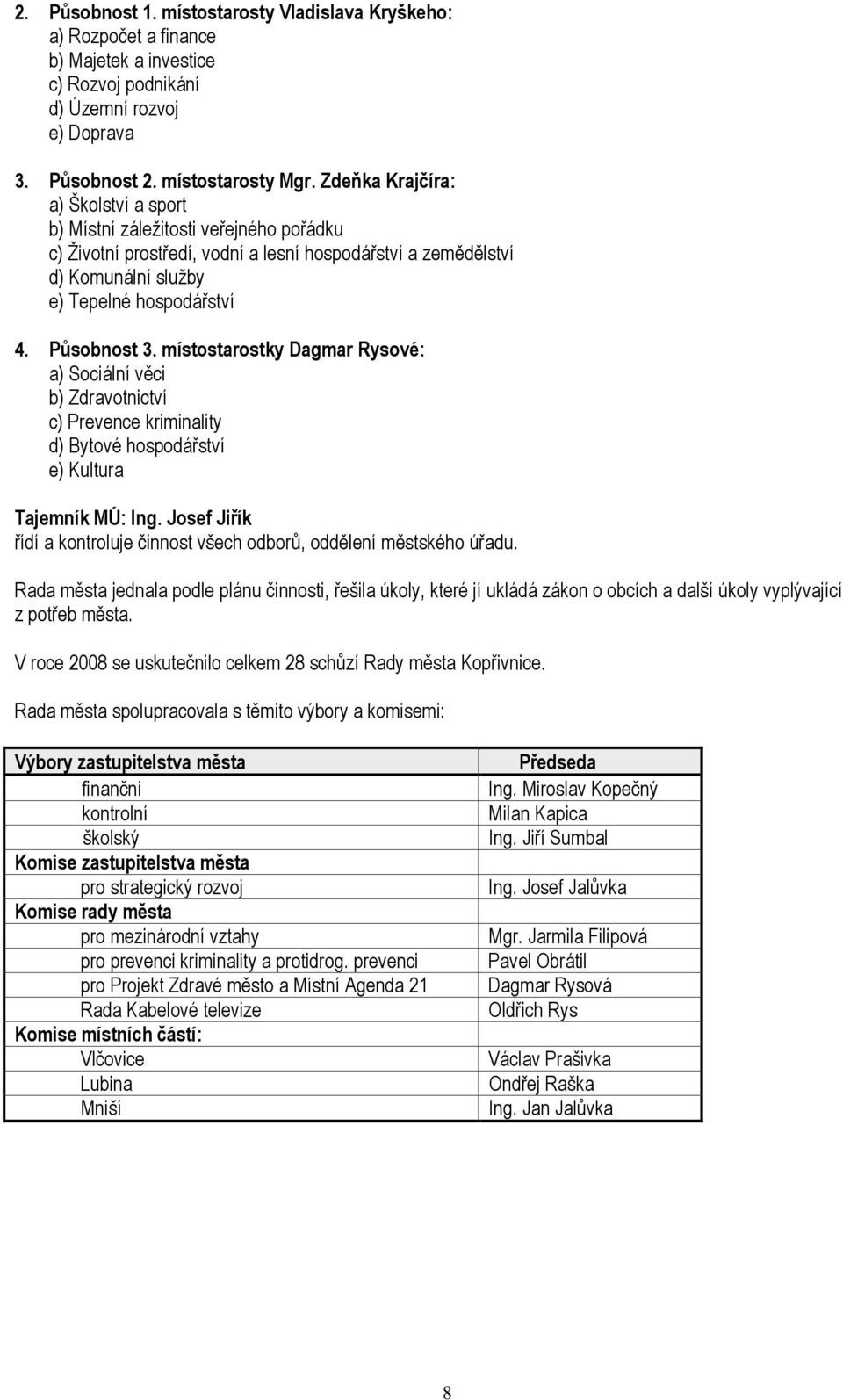 místostarostky Dagmar Rysové: a) Sociální věci b) Zdravotnictví c) Prevence kriminality d) Bytové hospodářství e) Kultura Tajemník MÚ: Ing.