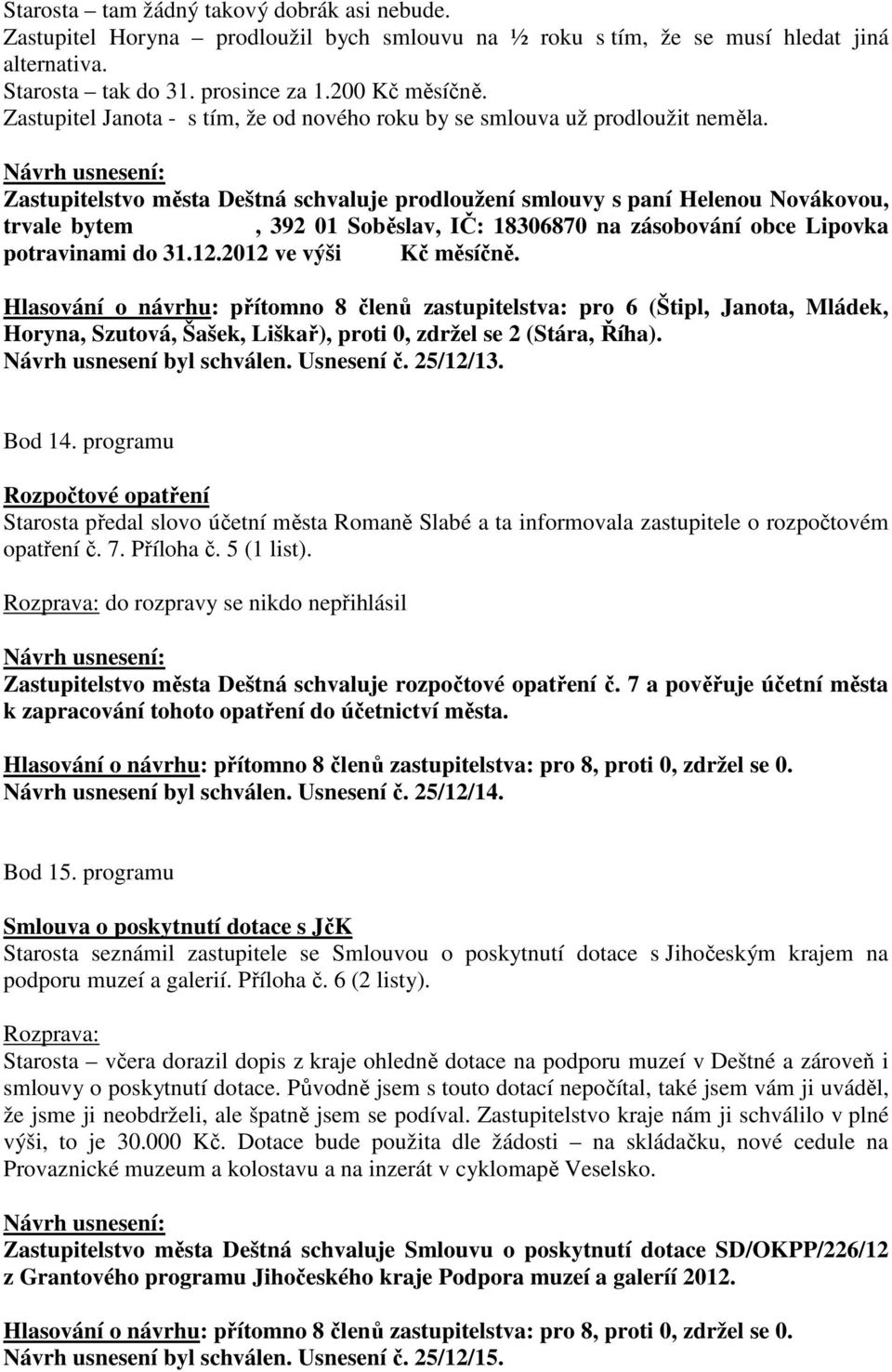 Zastupitelstvo města Deštná schvaluje prodloužení smlouvy s paní Helenou Novákovou, trvale bytem, 392 01 Soběslav, IČ: 18306870 na zásobování obce Lipovka potravinami do 31.12.2012 ve výši Kč měsíčně.