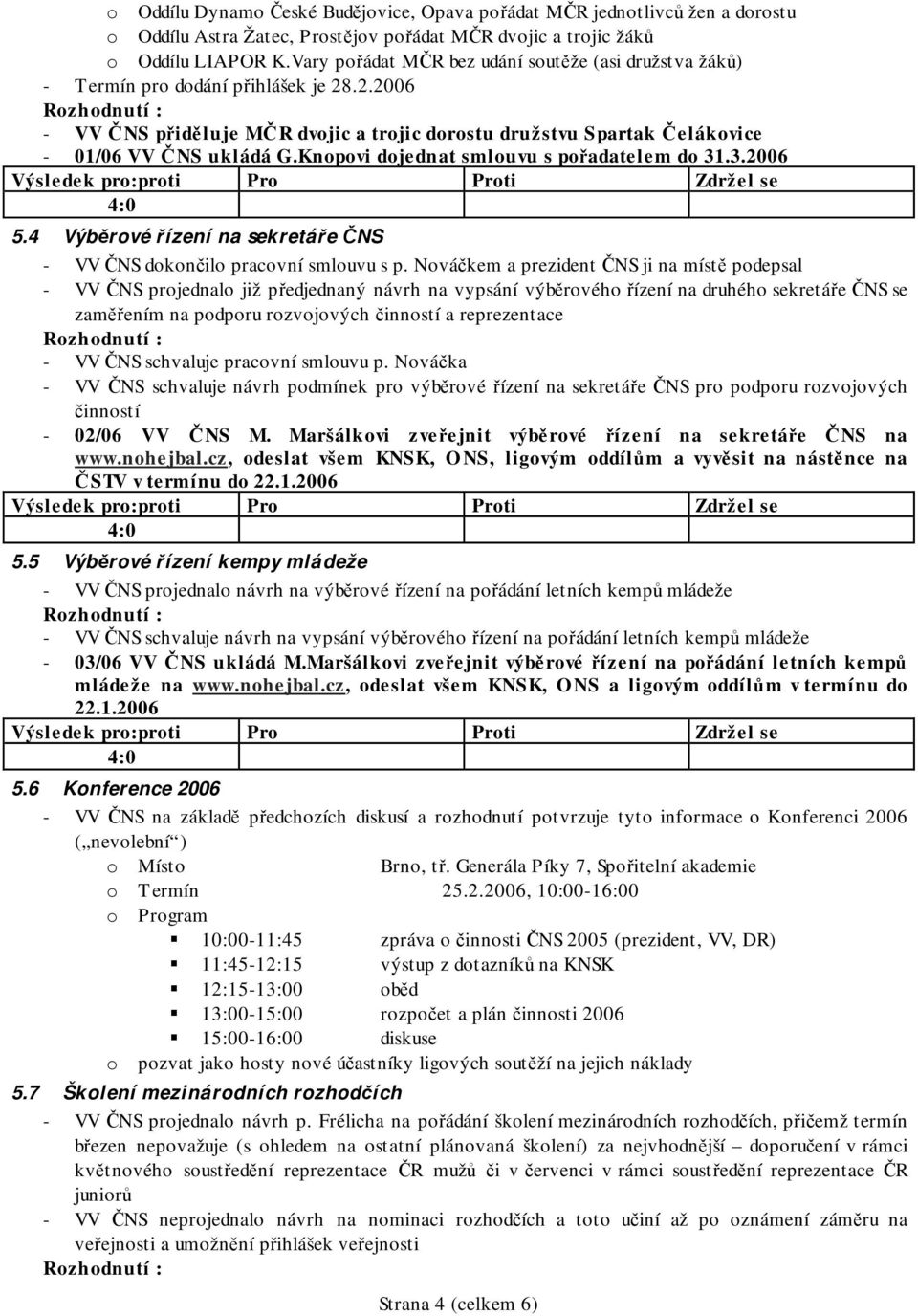 Knopovi dojednat smlouvu s pořadatelem do 31.3.2006 5.4 Výběrové řízení na sekretáře ČNS - VV ČNS dokončilo pracovní smlouvu s p.