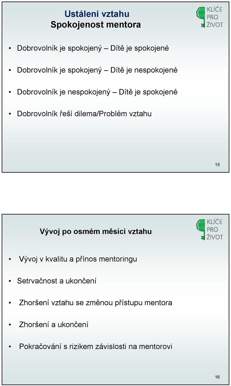 dilema/problém vztahu 15 Vývoj po osmém měsíci vztahu Vývoj v kvalitu a přínos mentoringu Setrvačnost