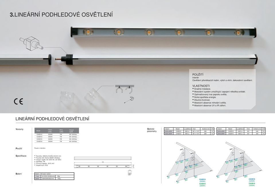 LINEÁRNÍ PODHLEDOVÉ OSVĚTLENÍ CA5B10 CA3B10 CA5B16 CA3B16 Zdroj 7W 7W 7W 7W Vstupní napětí 90~240Vac 90~240Vac 90~240Vac 90~240Vac Lux@50cm Úhel Světelný tok CRI CA5B10 CA3B10 636 Lx 508 Lx 80 x 110