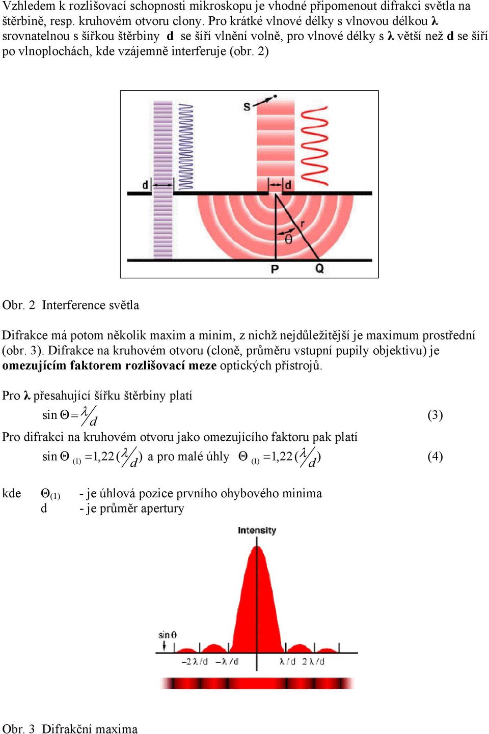 2 Interference světla Difrakce má potom několik maxim a minim, z nichž nejdůležitější je maximum prostřední (obr. 3).