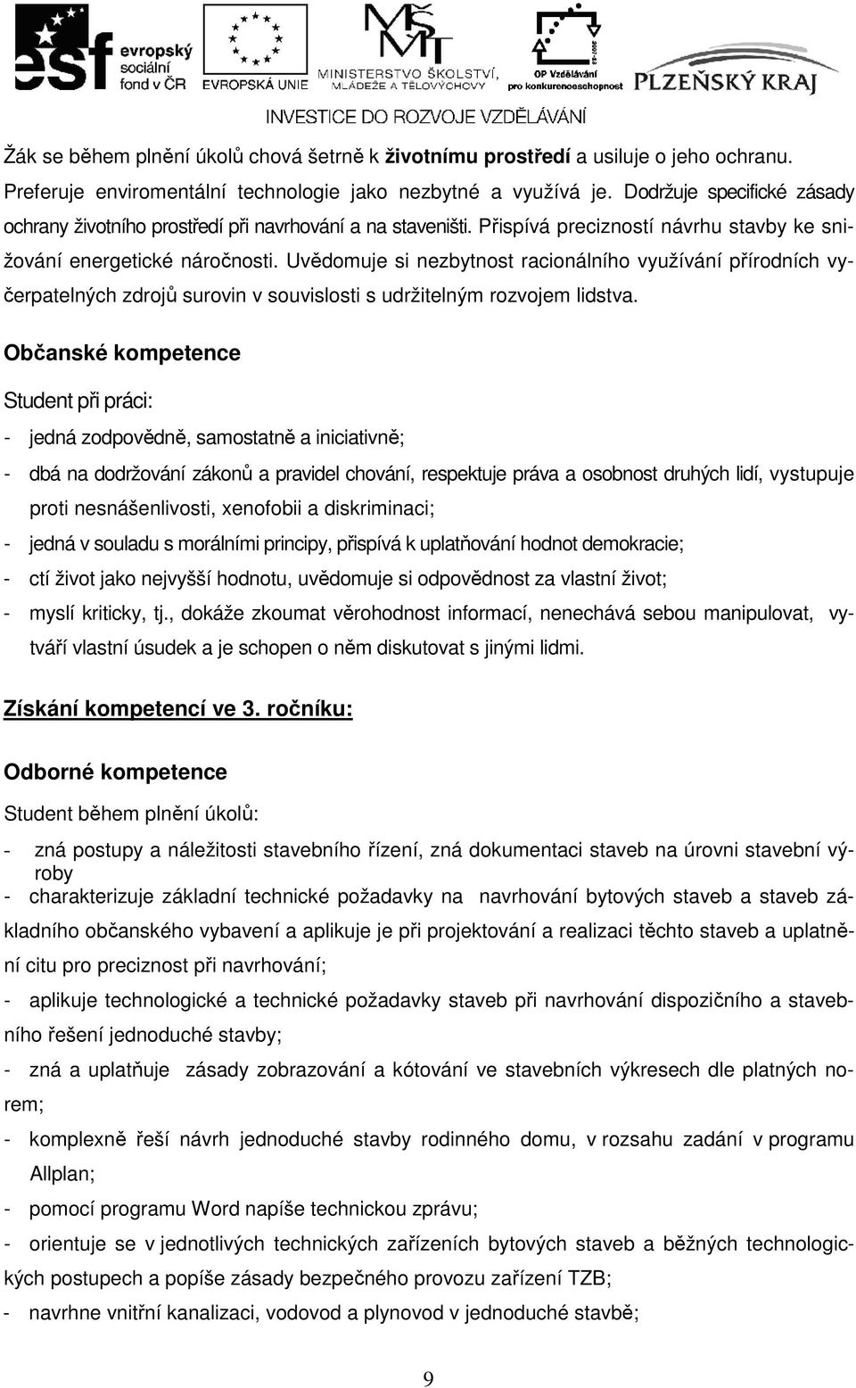 Uvědomuje si nezbytnost racionálního využívání přírodních vyčerpatelných zdrojů surovin v souvislosti s udržitelným rozvojem lidstva.