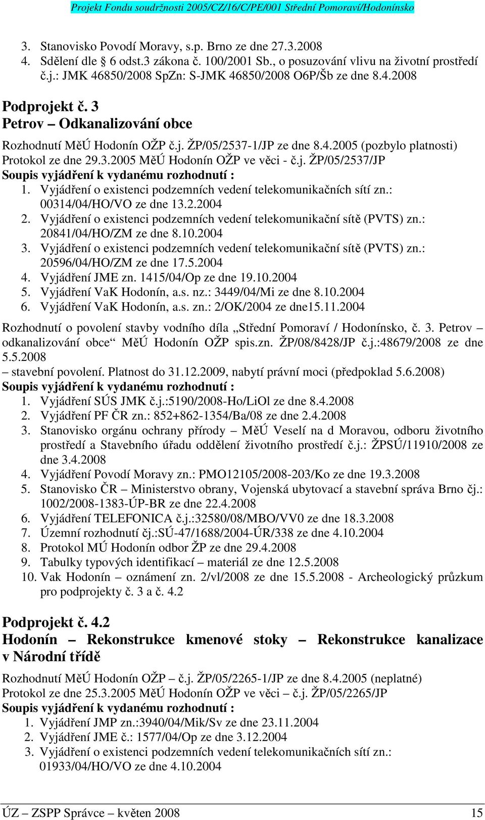 3.2005 MěÚ Hodonín OŽP ve věci - č.j. ŽP/05/2537/JP Soupis vyjádření k vydanému rozhodnutí : 1. Vyjádření o existenci podzemních vedení telekomunikačních sítí zn.: 00314/04/HO/VO ze dne 13.2.2004 2.