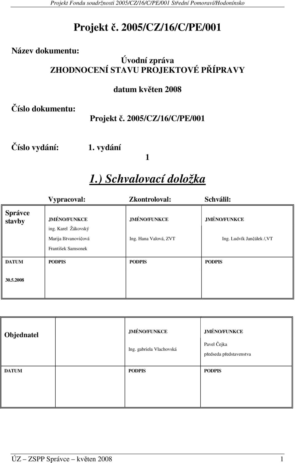 ) Schvalovací doložka Vypracoval: Zkontroloval: Schválil: Správce stavby JMÉNO/FUNKCE JMÉNO/FUNKCE JMÉNO/FUNKCE ing.