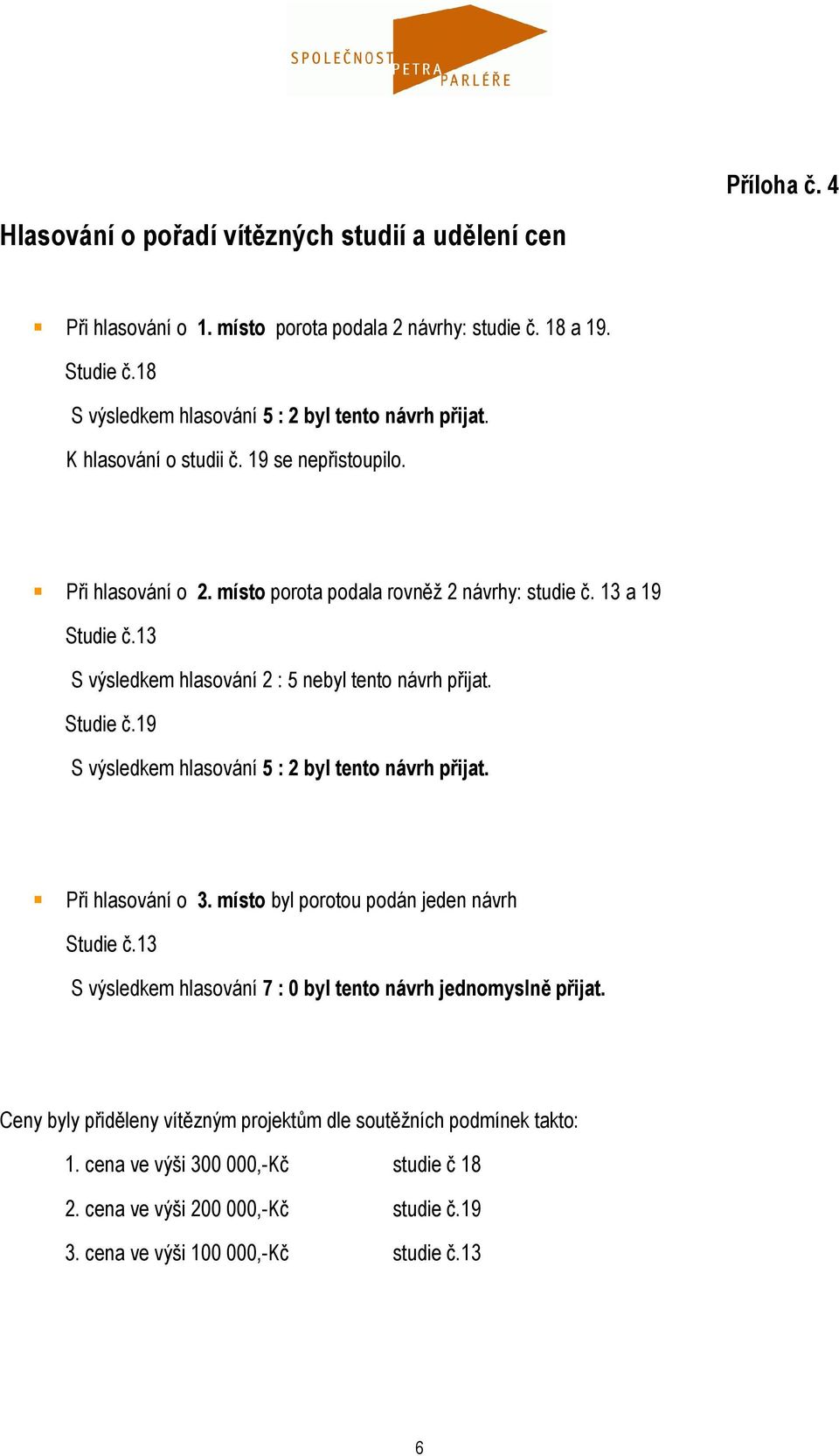 13 S výsledkem hlasování 2 : 5 nebyl tento návrh přijat. Studie č.19 S výsledkem hlasování 5 : 2 byl tento návrh přijat. Při hlasování o 3. místo byl porotou podán jeden návrh Studie č.