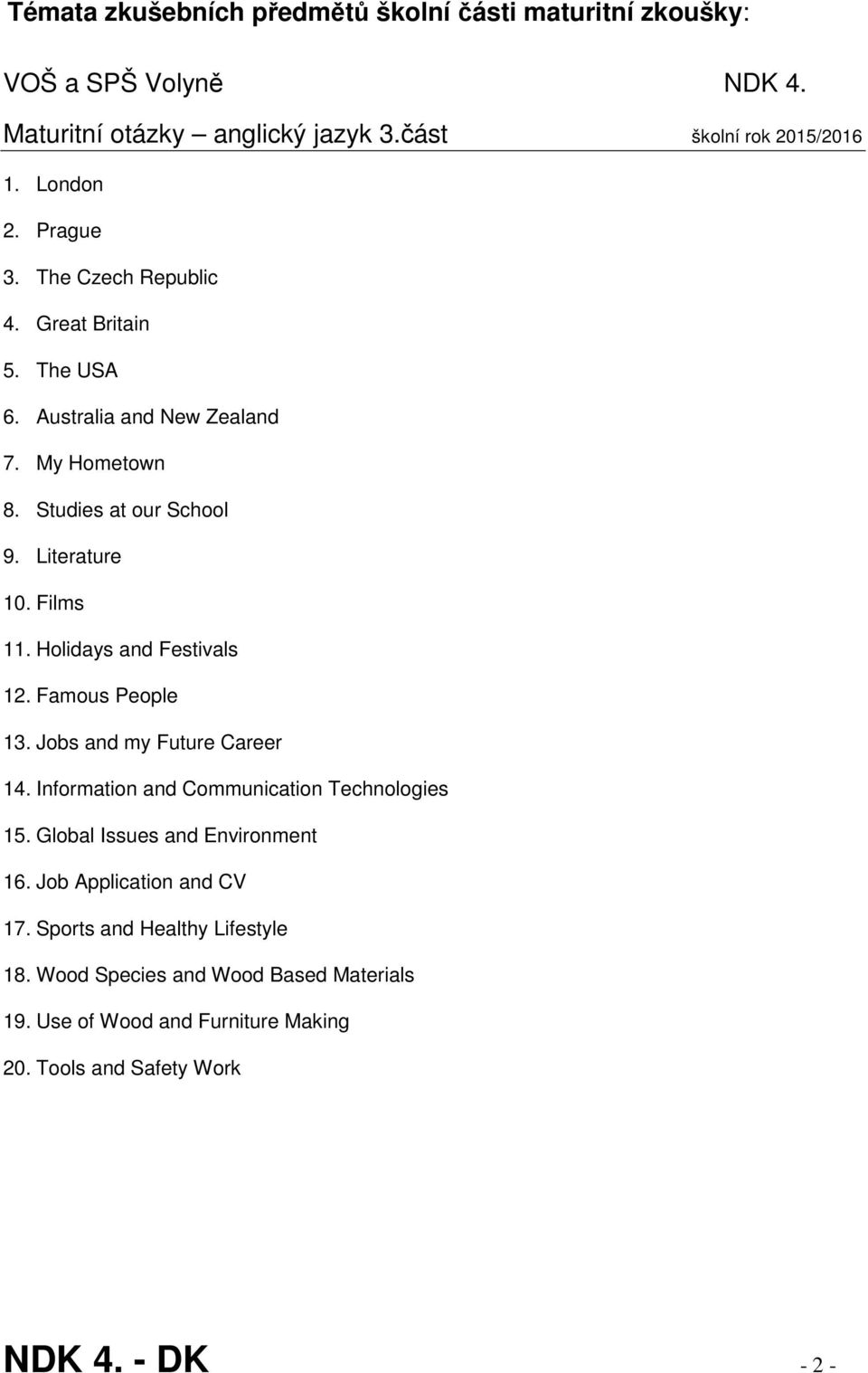 Holidays and Festivals 12. Famous People 13. Jobs and my Future Career 14. Information and Communication Technologies 15. Global Issues and Environment 16.