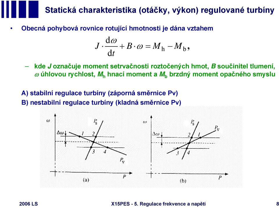 úhlovou rychlost, M h hnací moment a M b brzdný moment opačného smyslu b, A) stabilní regulace turbíny