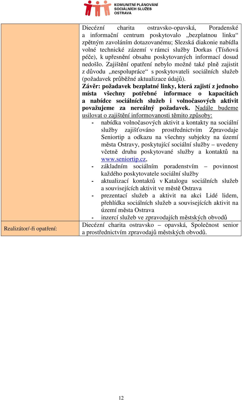 Zajištění opatření nebylo možné také plně zajistit z důvodu nespolupráce s poskytovateli sociálních služeb (požadavek průběžné aktualizace údajů).