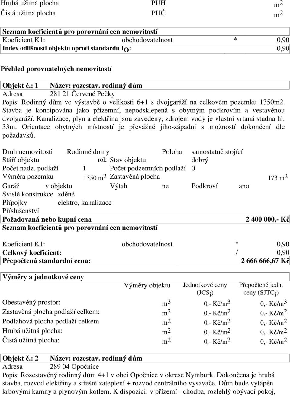 Stavba je koncipována jako přízemní, nepodsklepená s obytným podkrovím a vestavěnou dvojgaráží. Kanalizace, plyn a elektřina jsou zavedeny, zdrojem vody je vlastní vrtaná studna hl. 33m.