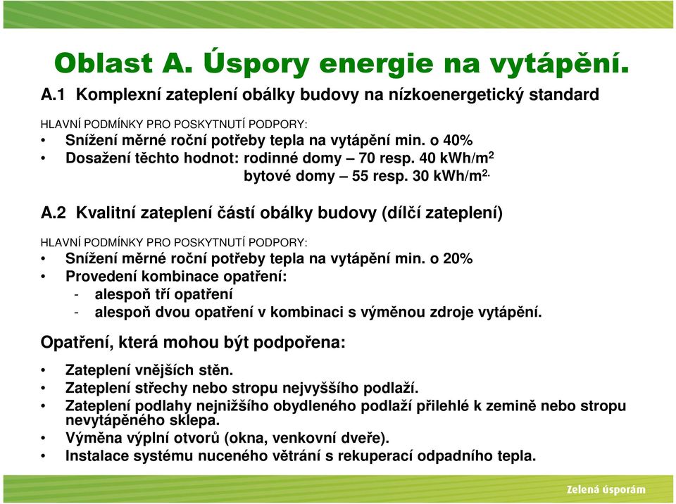 2 Kvalitní zateplení částí obálky budovy (dílčí zateplení) HLAVNÍ PODMÍNKY PRO POSKYTNUTÍ PODPORY: Snížení měrné roční potřeby tepla na vytápění min.