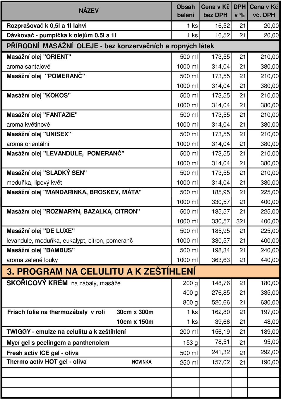 314,04 38 Masážní olej "UNISEX" 500 ml 173,55 aroma orientální 1000 ml 314,04 38 Masážní olej "LEVANDULE, POMERANČ" 500 ml 173,55 1000 ml 314,04 38 Masážní olej "SLADKÝ SEN" 500 ml 173,55 meduňka,