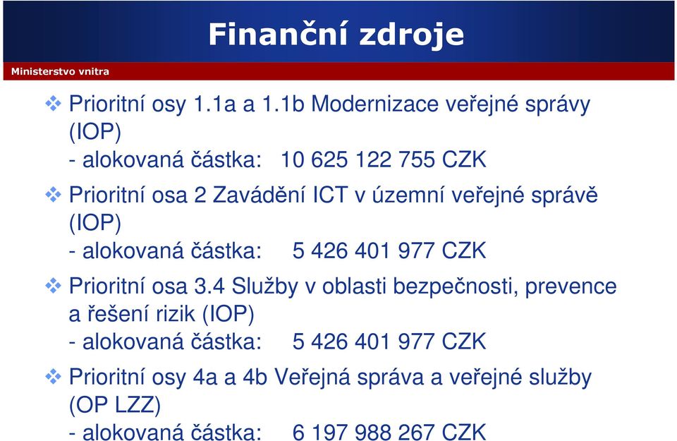 územní veřejné správě (IOP) - alokovanáčástka: 5 426 401 977 CZK Prioritní osa 3.
