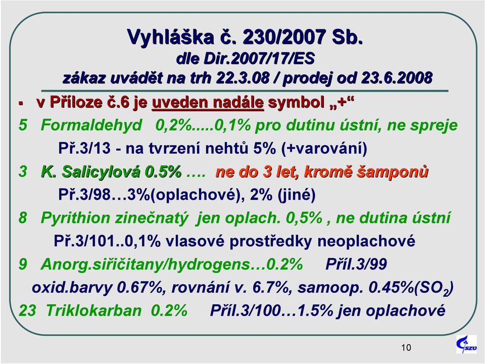 Salicylová 0.5%. ne do 3 let, kromě šamponů Př.3/98 3%(oplachové), 2% (jiné) 8 Pyrithion zinečnatý jen oplach. 0,5%, ne dutina ústní Př.