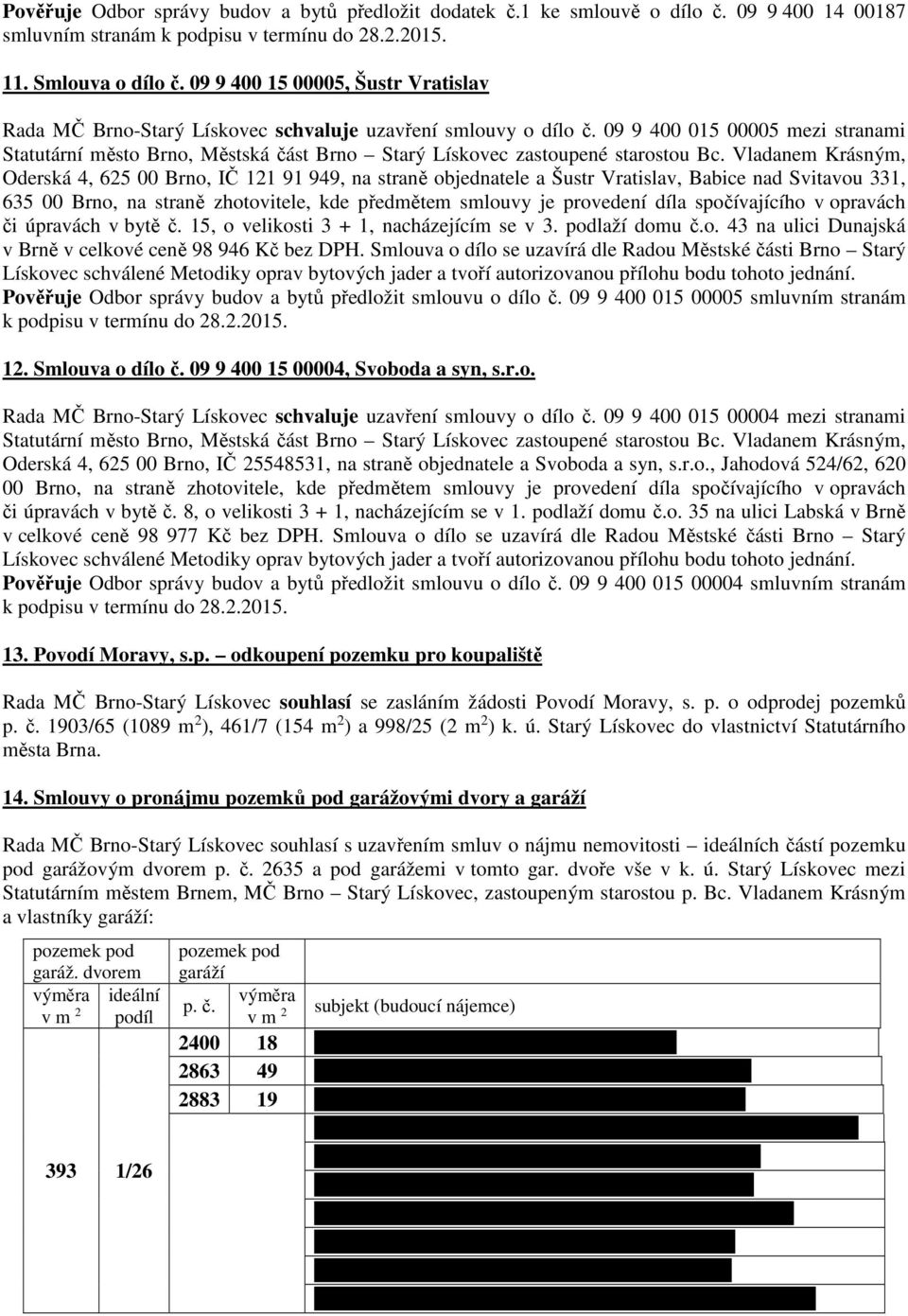 09 9 400 015 00005 mezi stranami Oderská 4, 625 00 Brno, IČ 121 91 949, na straně objednatele a Šustr Vratislav, Babice nad Svitavou 331, 635 00 Brno, na straně zhotovitele, kde předmětem smlouvy je