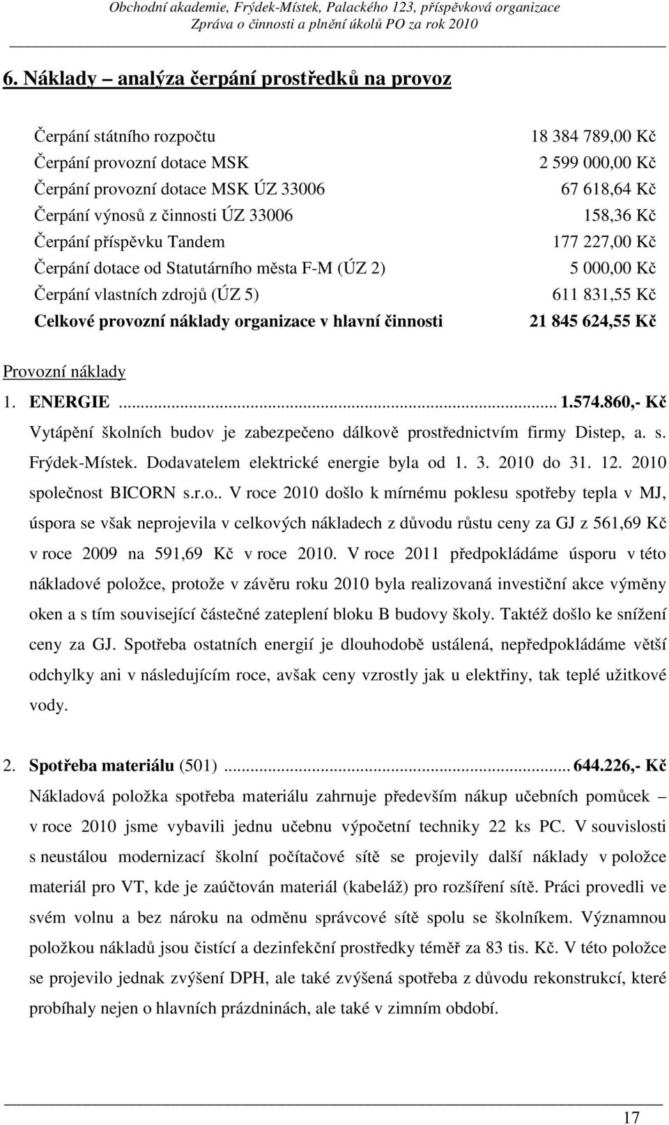 227,00 Kč 5 000,00 Kč 611 831,55 Kč 21 845 624,55 Kč Provozní náklady 1. ENERGIE... 1.574.860,- Kč Vytápění školních budov je zabezpečeno dálkově prostřednictvím firmy Distep, a. s. Frýdek-Místek.