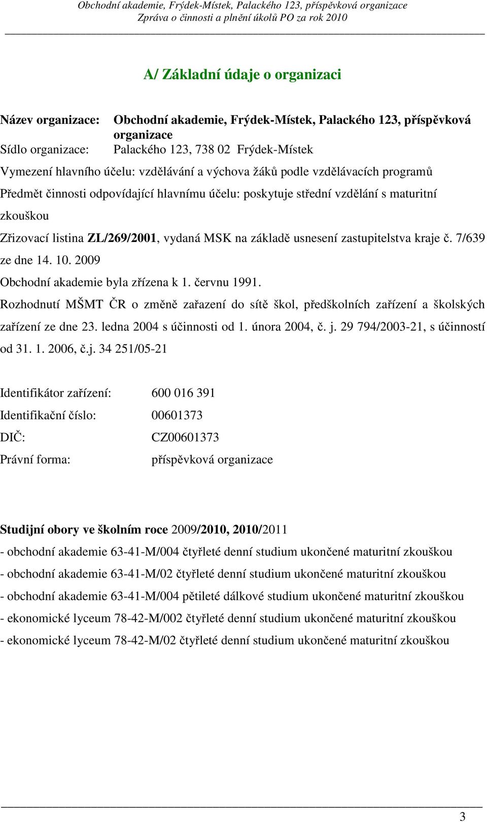 základě usnesení zastupitelstva kraje č. 7/639 ze dne 14. 10. 2009 Obchodní akademie byla zřízena k 1. červnu 1991.